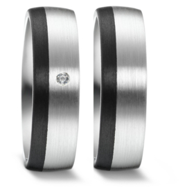 Brede 9 karaat Trouwringen Set met Zwarte Carbon Rand en Diamant