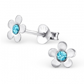 Bloemen Oorbellen + Strass steentje aquamarine