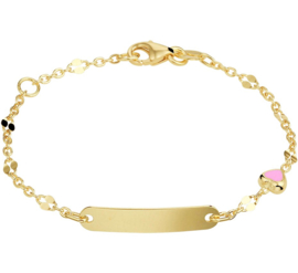 Geelgouden Schakelarmband met Roze Hart Bedel en Graveerplaatje