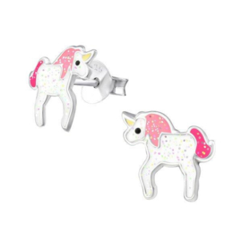 Zilveren Kinderoorbellen Unicorn met Glitters