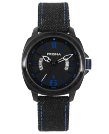 Prisma Jongens Horloge met Zwarte Horlogeband en Blauw Stiksel