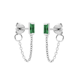 Karma Oorstekers Chain Zirconia Single Emerald Green Square in Zilver