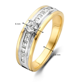Excellent Jewelry Brede Gouden Ring met Witgouden Diamant Strook