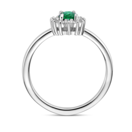 Dames Ring Zilver met synthetische Smaragd en Halo met Zirkonia’s