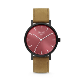 Zwart Horloge van Frank 1967 met Rode Wijzerplaat en Bruine Horlogeband