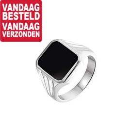 Vierkante Zwarte Onyx Steen Zegelring van Zilver / Maat 21,5