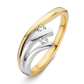 Excellent Jewelry Bicolor Ring met Witgouden Stroken en Diamanten