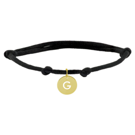 Zwarte Knooparmband met 14K Gouden Ronde Letter Hanger G