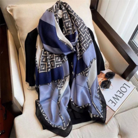 Blauwe Sjaal met Luxueuze Print M1593