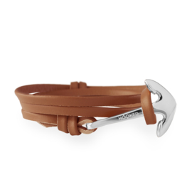 Hooked Cognac Lederen Armband met Zilverkleurig Anker