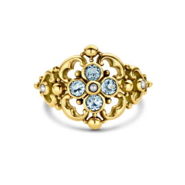 Gouden Vintage Ring met Filigrain Bloemen, Parel en Blauw Topaas