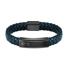 BOSS LANDER Brede Lederen Armband Blauw 19 cm