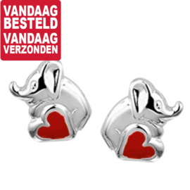 Olifant met Rood Hart Oorknoppen van Zilver