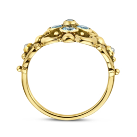 Gouden Vintage Ring met Filigrain Bloemen, Parel en Blauw Topaas