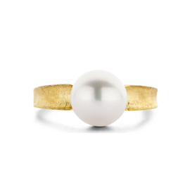 14K Geelgouden Ring met Witte Zoetwaterparel 9 mm