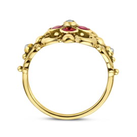 Gouden Vintage Ring met Filigrain Bloemen, Parel en Robijn