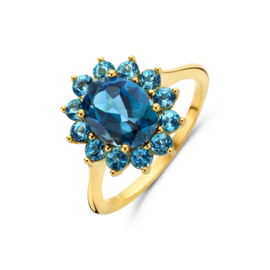 Gouden Ring Blauw Topaas met London Blue Topaas Halo