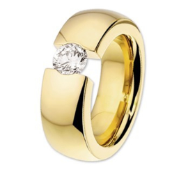 Goudkleurige Stalen Dames Ring met Zirkonia | Graveer Ring