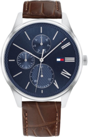 Tommy Hilfiger Zilverkleurig Heren Horloge met Bruin Leren Band