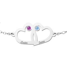 Names4ever Dubbele Hart Zilveren Moeder en Dochter Graveer Armband met Geboortestenen