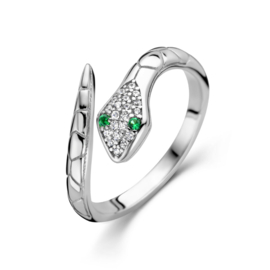 Zilveren Ring Slang met Groene en Witte Zirkonia’s