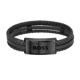 BOSS GALEN Lederen Armband Zwart 19 cm | Graveren Mogelijk!