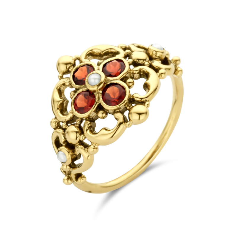 Gouden Vintage Ring met Filigrain Bloemen, Parel en Granaat 0.12ct h si