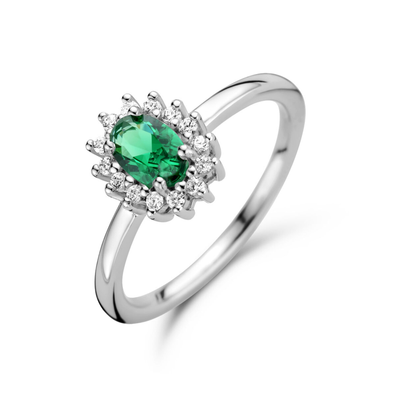 Dames Ring Zilver met synthetische Smaragd en Halo met Zirkonia’s