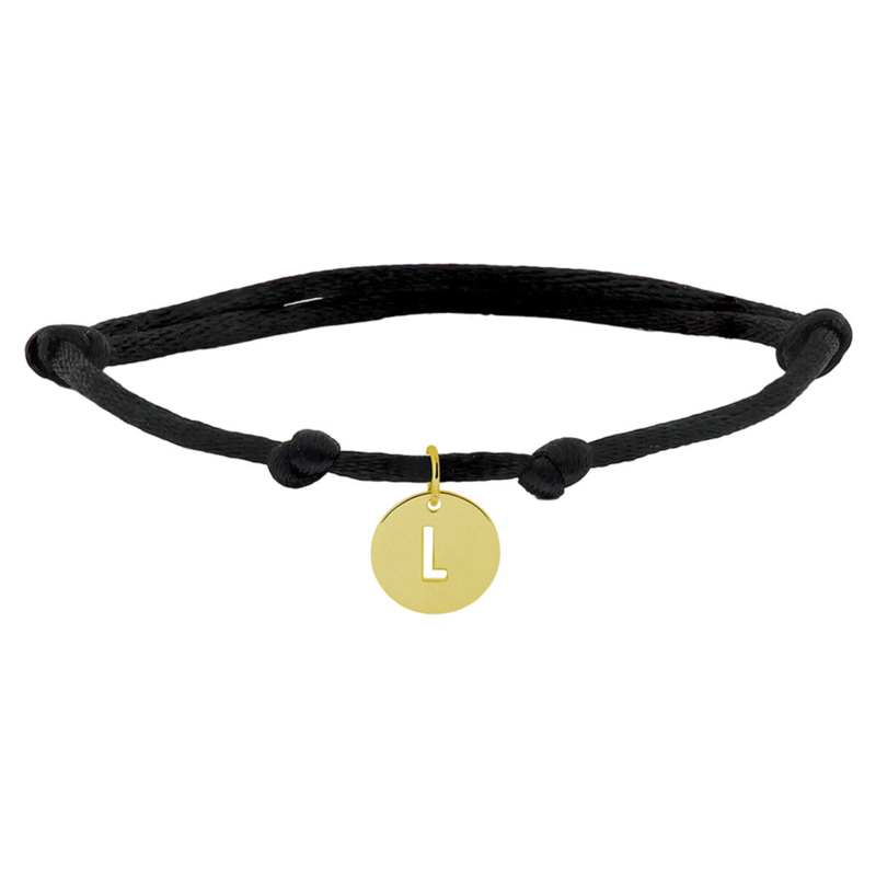 Zwarte Knooparmband met 14K Gouden Ronde Letter Hanger L