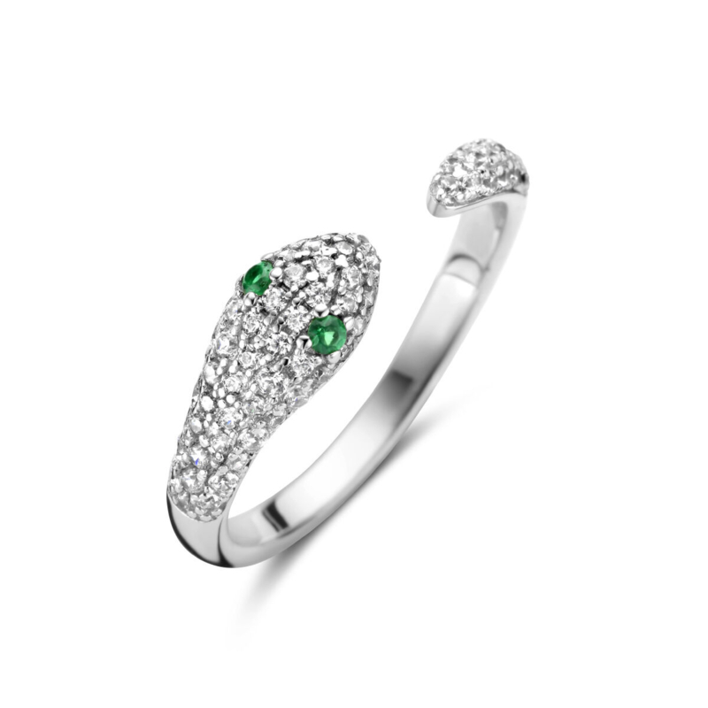 Zilveren Slang Ring met Groene en Witte Zirkonia’s