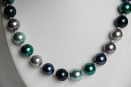 Ketting met grote parels in groen-blauwnuances, met Swarovski (SW-021)