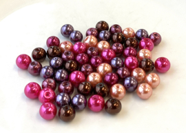 Parelmix  in hot pink, zacht-oranje, donkerbruin, donkerpaars/grijs, bordeaux en donkerfuchsia, 8mm (P-182)