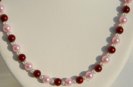 Parelketting in zacht-rose met diep warm rood (PK-01)