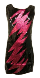 Flitsend zwart glitter pailletten jurkje met fuchsia bliksem maat 116/122