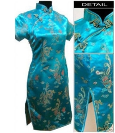 Prachtig turquoise Chinees damesjurkje draken en phoenix motief t/m maat 44