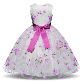 Schitterende luxe witte feestjurk met lila bloemen maat 116/122