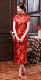 Elegante lange rode Chinese jurk draken en phoenix motief