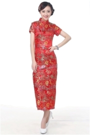 Schitterende lange Chinese "10 button" jurk rood laatste maat 40