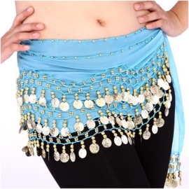 Leuke turquoise chiffon heupsjaal gouden muntjes