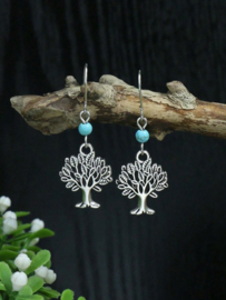 Antiek zilveren oorhangers met levensboom en turquoise kraaltjes A19