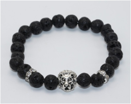 Kralen armband Lavasteen met zilveren leeuw