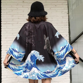 Haori zwart met blauwe zee en karper