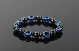 Geweldige BESCHERM armband met "Boze Oog" en hematiet kralen 8mm/19cm donkerblauw