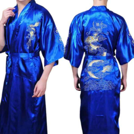 Schitterende lange luxe blauwe herenkimono met draak