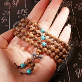 Mala unisex gebedsketting/armband sandalwood naturel met turkoois kralen