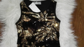 Feestelijk zwart glitterpailletten jurkje met sierlijke gouden bladeren maat 116/122