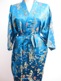 Schitterende lange turquoise brokaat unisex kimono met draken one size