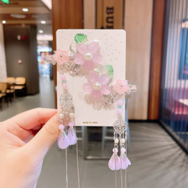 Sprookjesachtig setje Aziatische haarclips met zilveren koi karper, lila bloemen en groene blaadjes nr.38