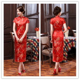 Elegante lange rode Chinese jurk draken en phoenix motief