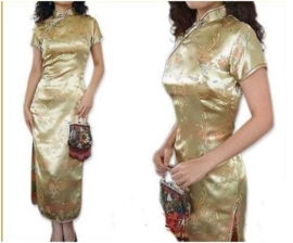 Elegante lange gouden Chinese jurk met draken en phoenix motief